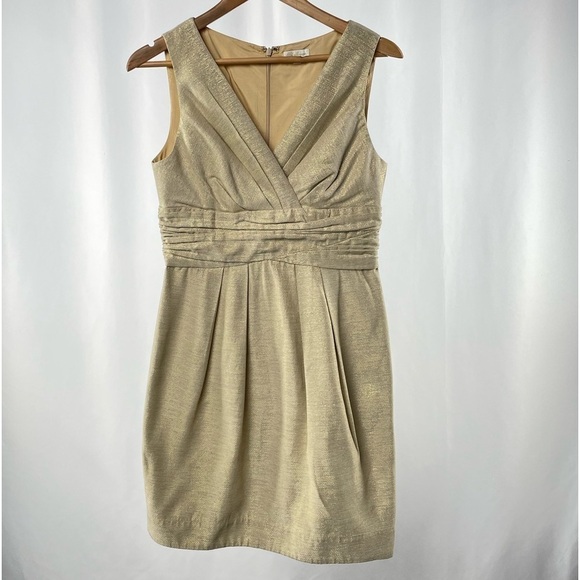 Shoshanna Sleeveless V Neck Metallic‎ Sheath Dress in Gold Size 4 - Picture 1 of 4